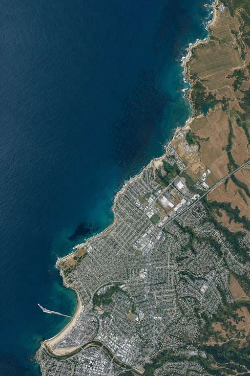 Aerial view of the Santa Cruz Westside coastline from Seymour through Natural Bridges, The Lane, Cowell’s, and the Wharf